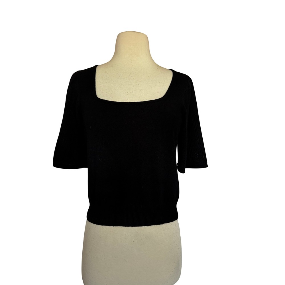 Z Supply Black Square Neck Flutter Sleeve Knit Top Size Large Pointelle Ribbed